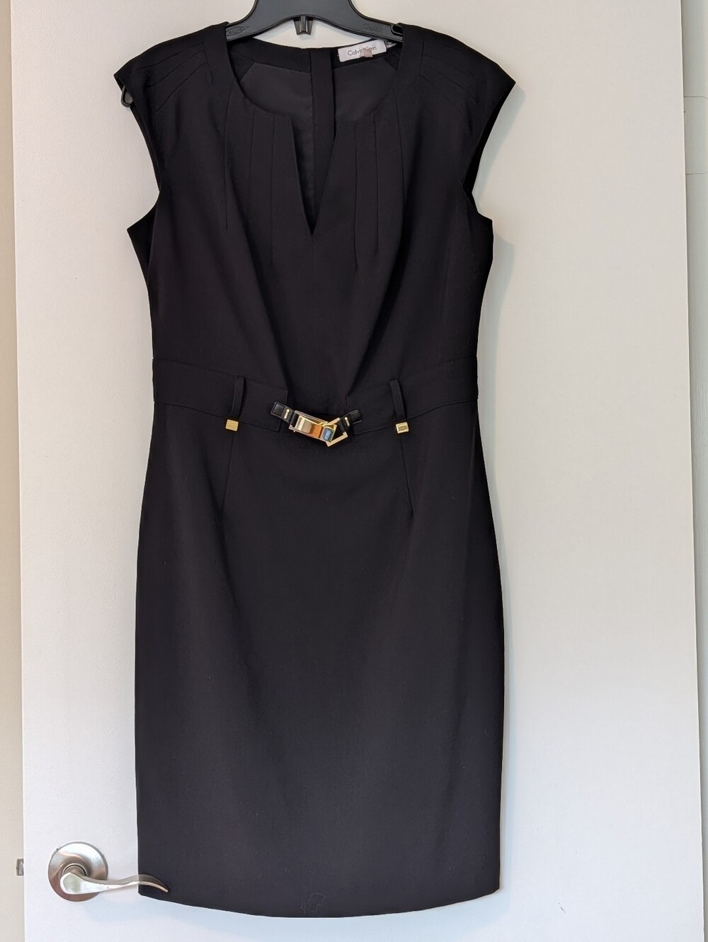 Calvin Klein Black Sheath Dress with Gold-Accent Buckle